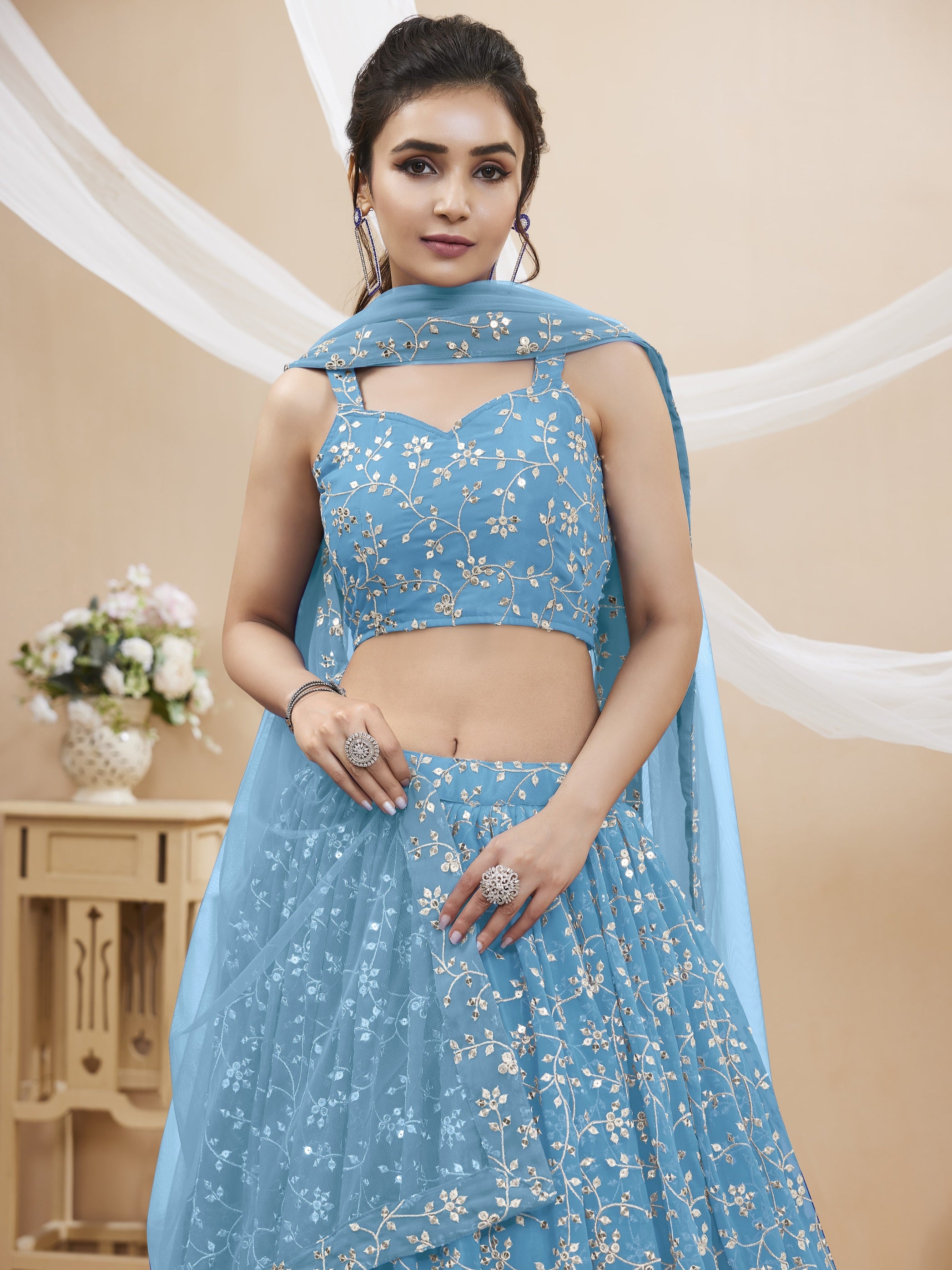 Jyoti Fashion Women's Sky Blue Georgette Sequins Zari Embroidered Lehenga Choli & Dupatta - Distacart