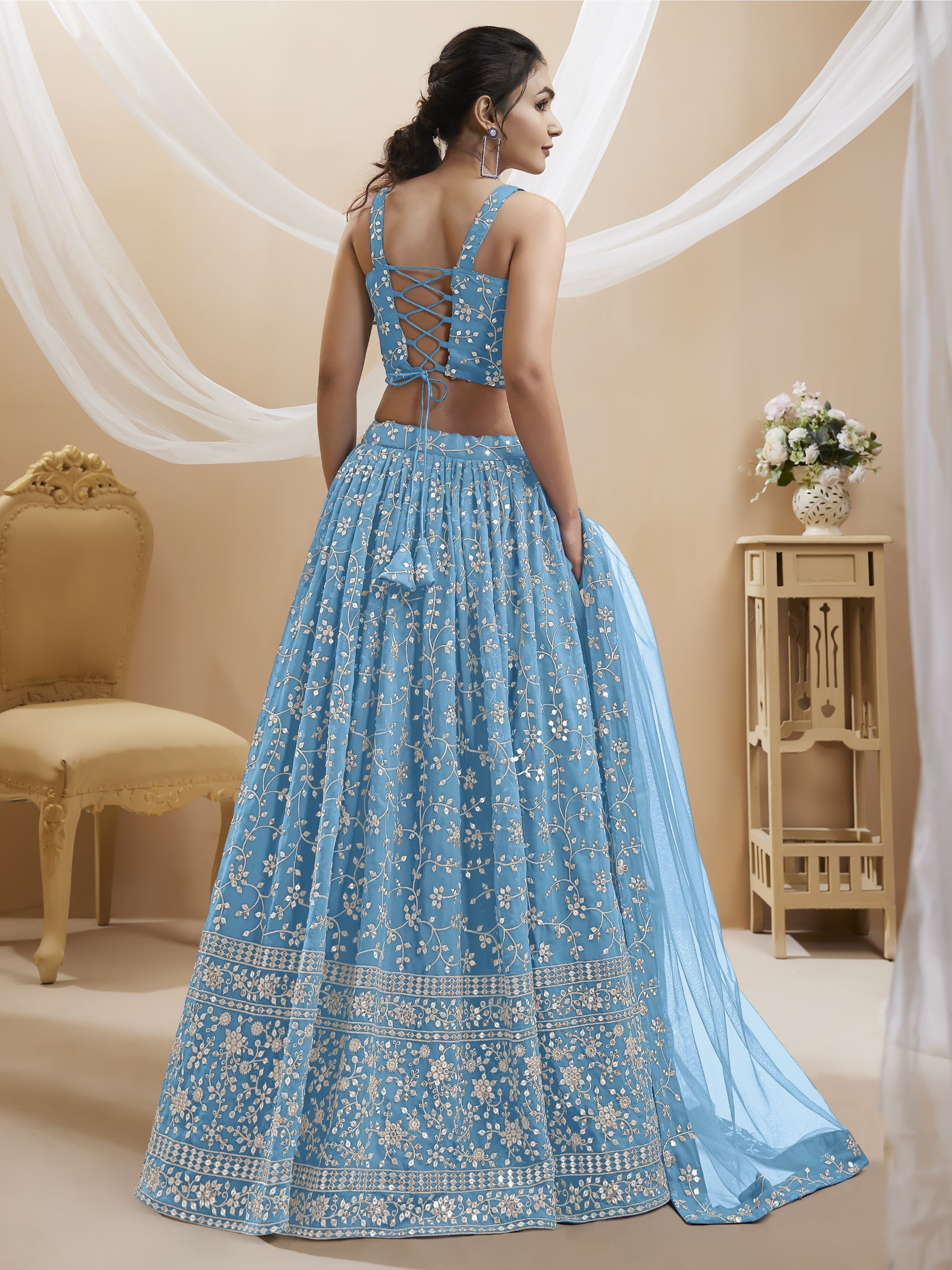 Jyoti Fashion Women's Sky Blue Georgette Sequins Zari Embroidered Lehenga Choli & Dupatta - Distacart