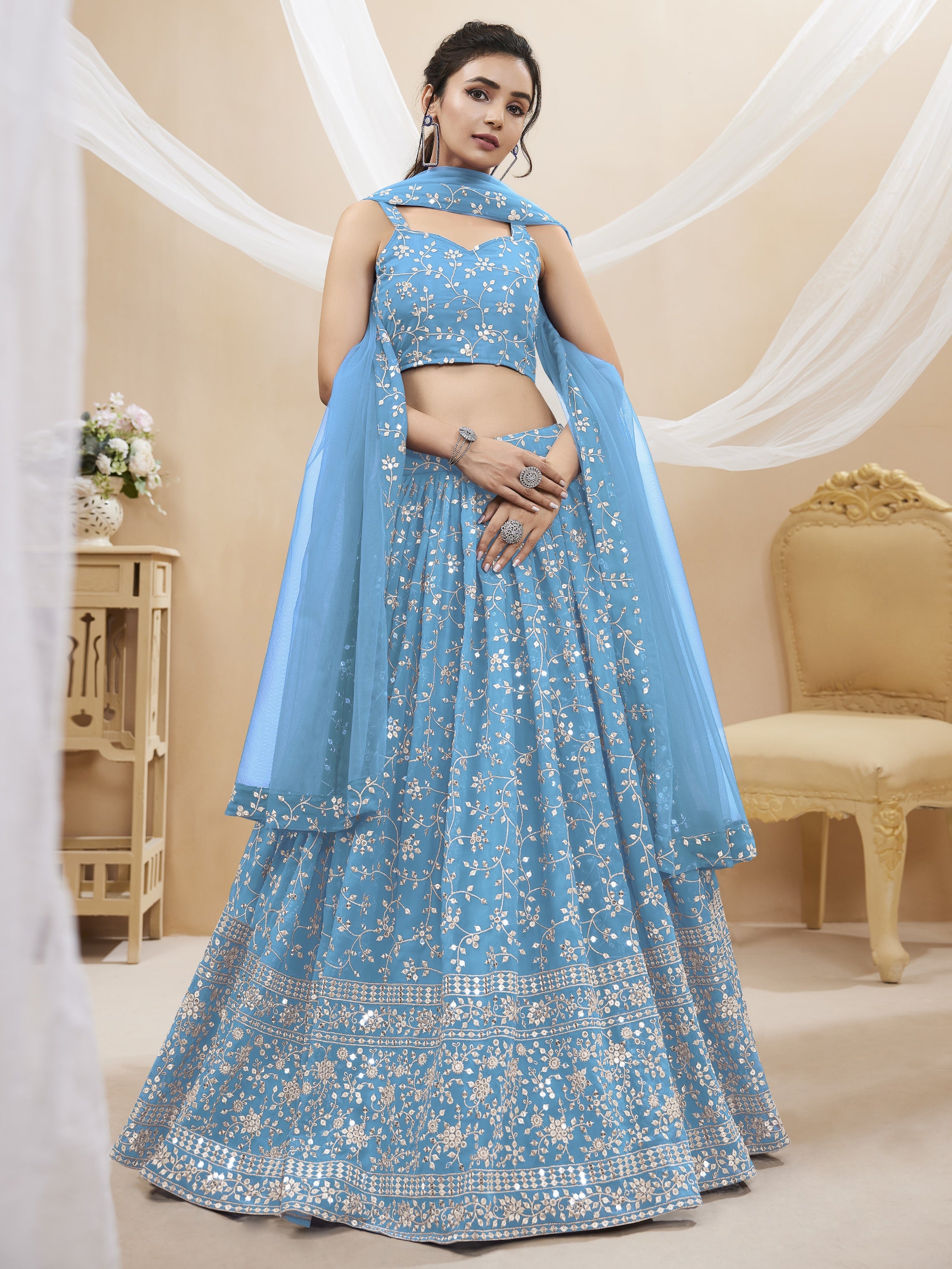 Jyoti Fashion Women's Sky Blue Georgette Sequins Zari Embroidered Lehenga Choli & Dupatta - Distacart