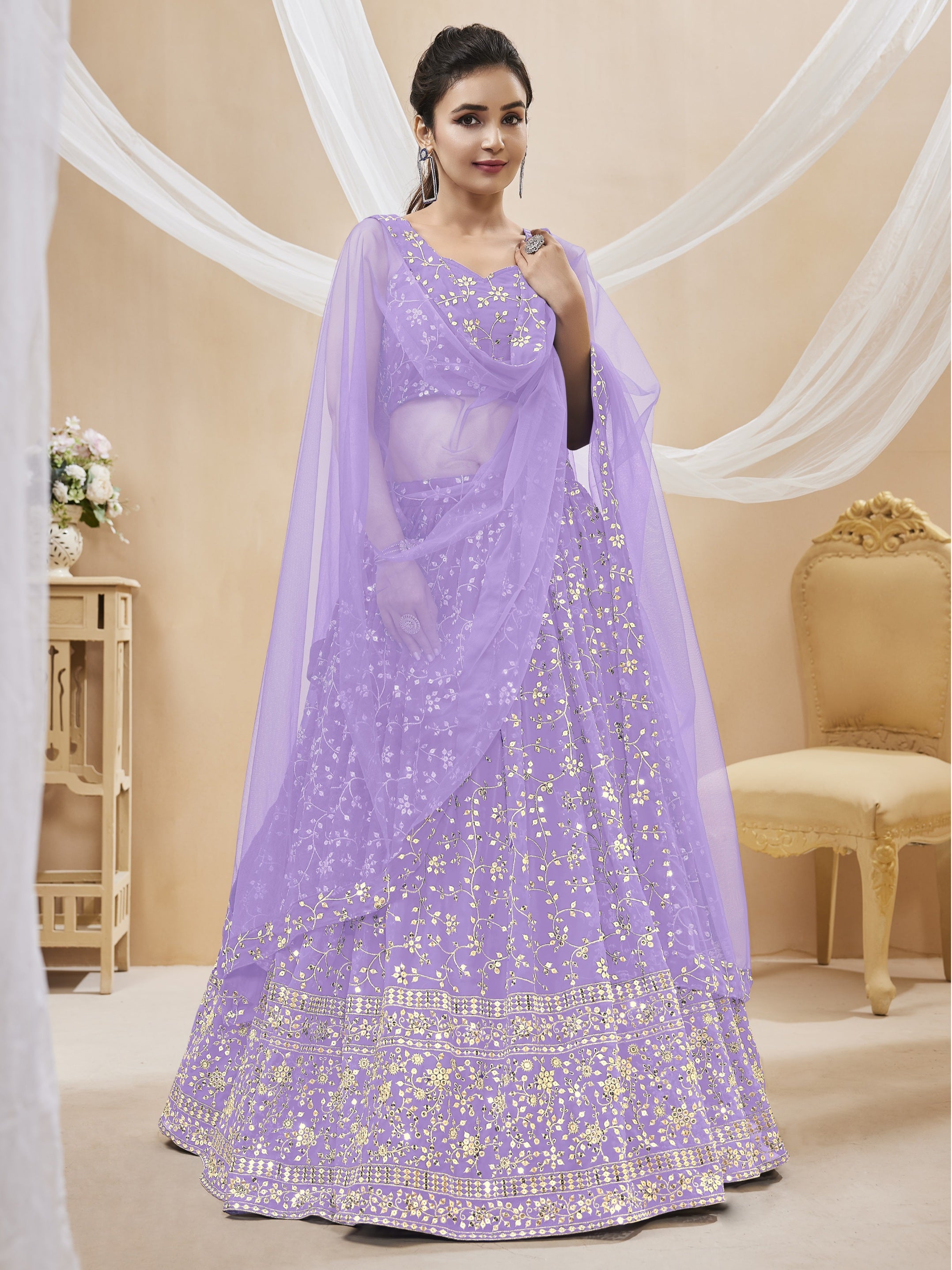 Jyoti Fashion Women's Lavender Georgette Sequins Zari Embroidered Lehenga Choli & Dupatta - Distacart