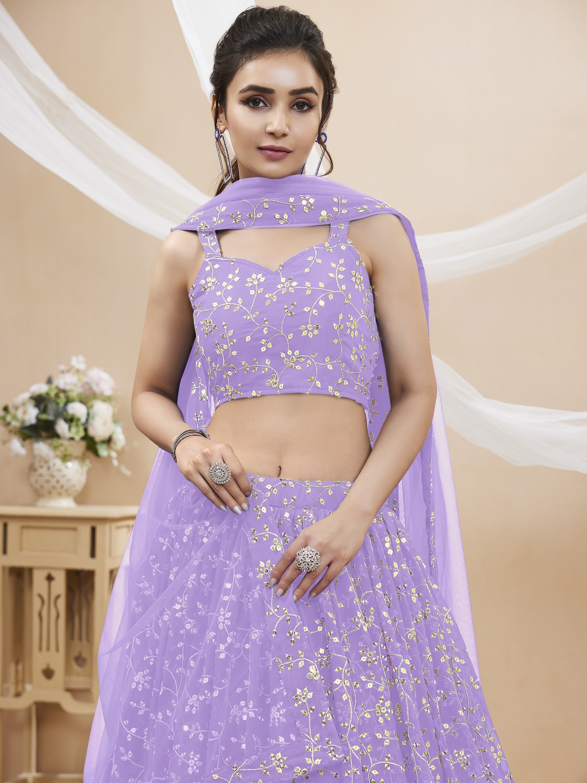 Jyoti Fashion Women's Lavender Georgette Sequins Zari Embroidered Lehenga Choli & Dupatta - Distacart