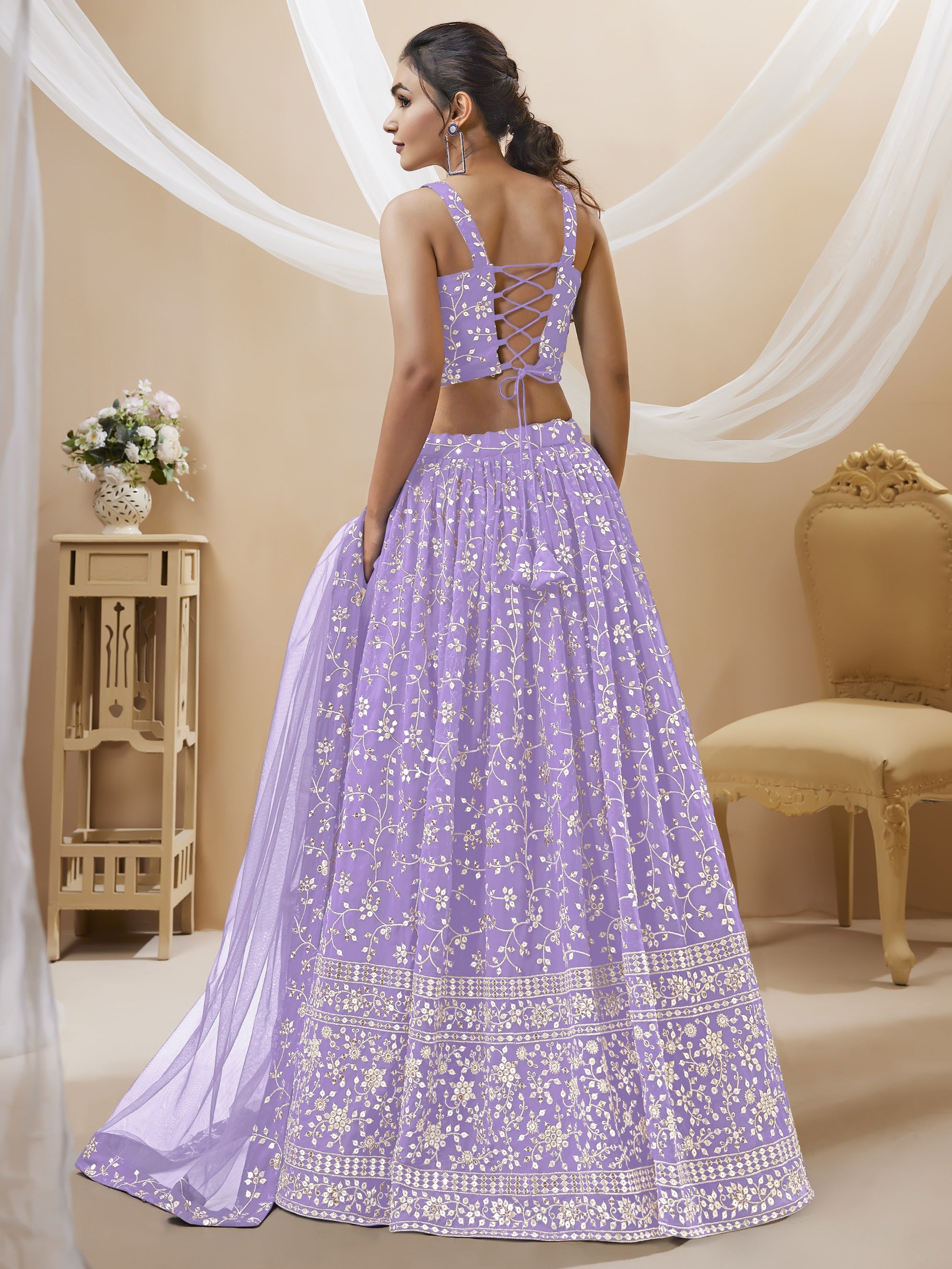 Jyoti Fashion Women's Lavender Georgette Sequins Zari Embroidered Lehenga Choli & Dupatta - Distacart