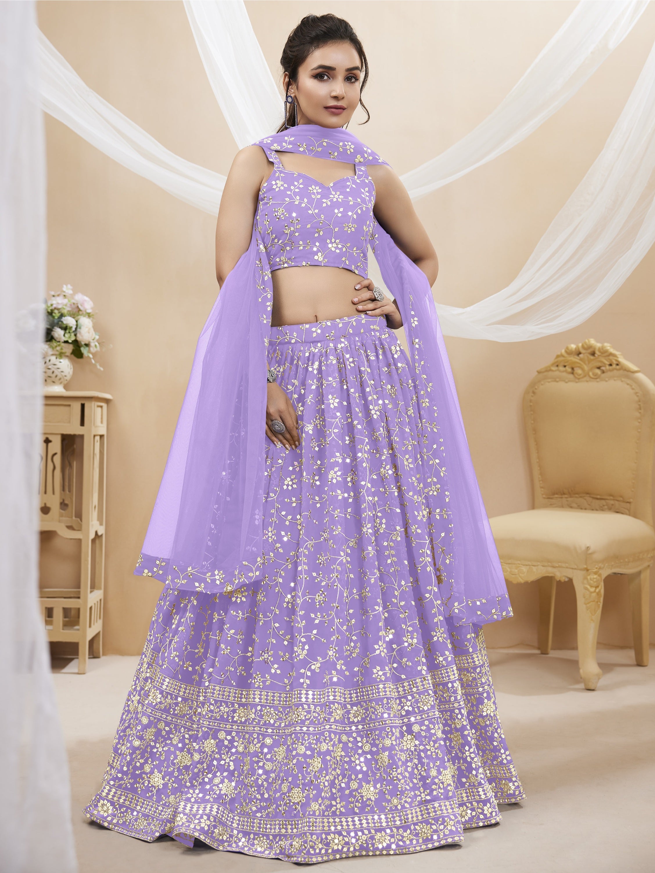 Jyoti Fashion Women's Lavender Georgette Sequins Zari Embroidered Lehenga Choli & Dupatta - Distacart