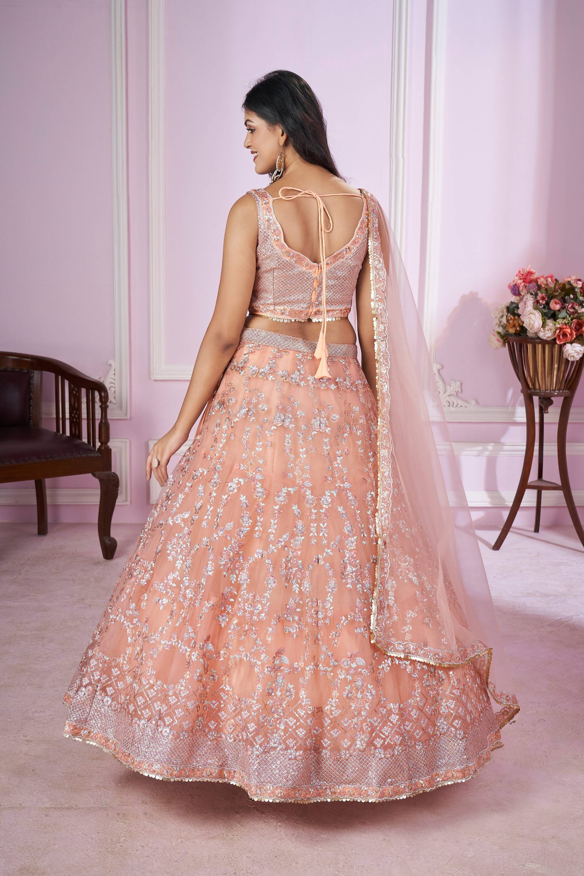 Jyoti Fashion Women's Baby Pink Soft Net Sequins Thread Embroidered Lehenga Choli & Dupatta - Distacart