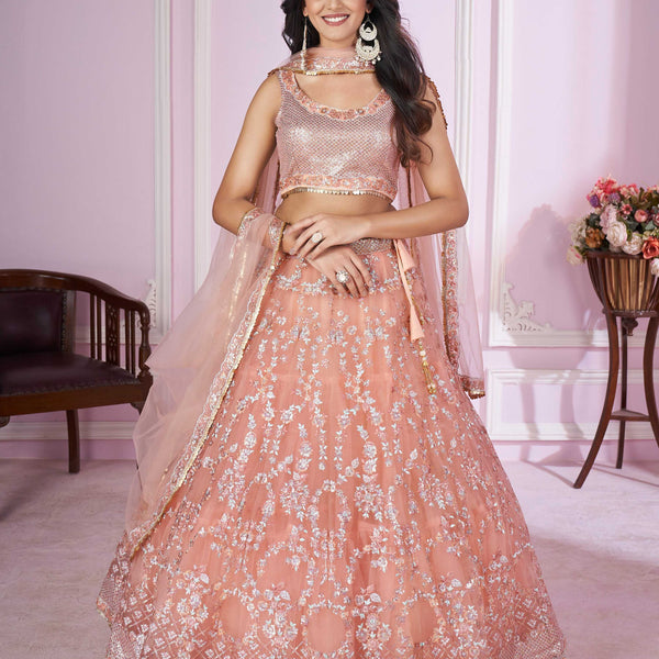 Jyoti Fashion Women's Baby Pink Soft Net Sequins Thread Embroidered Lehenga Choli & Dupatta - Distacart
