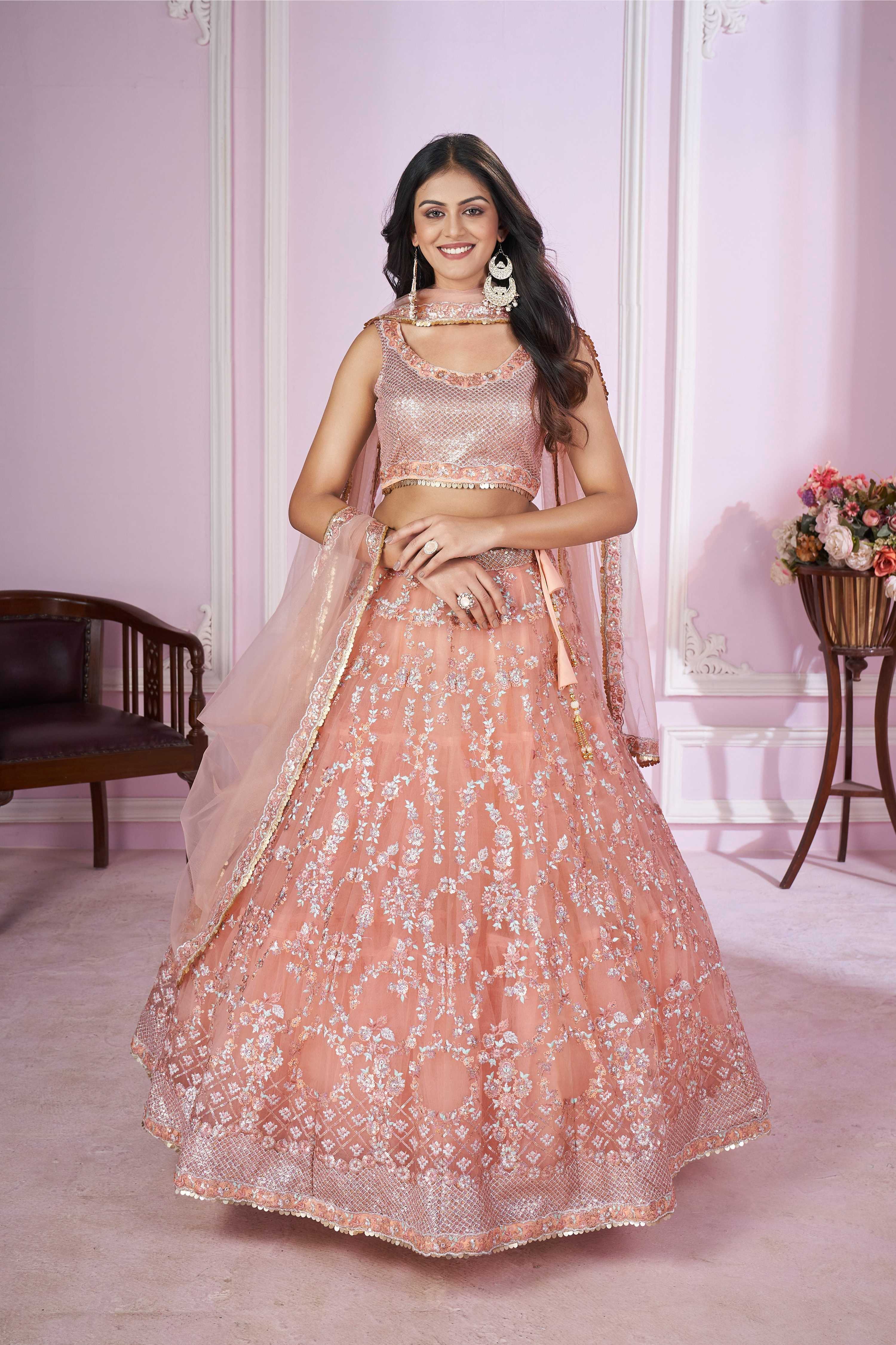 Jyoti Fashion Women's Baby Pink Soft Net Sequins Thread Embroidered Lehenga Choli & Dupatta - Distacart