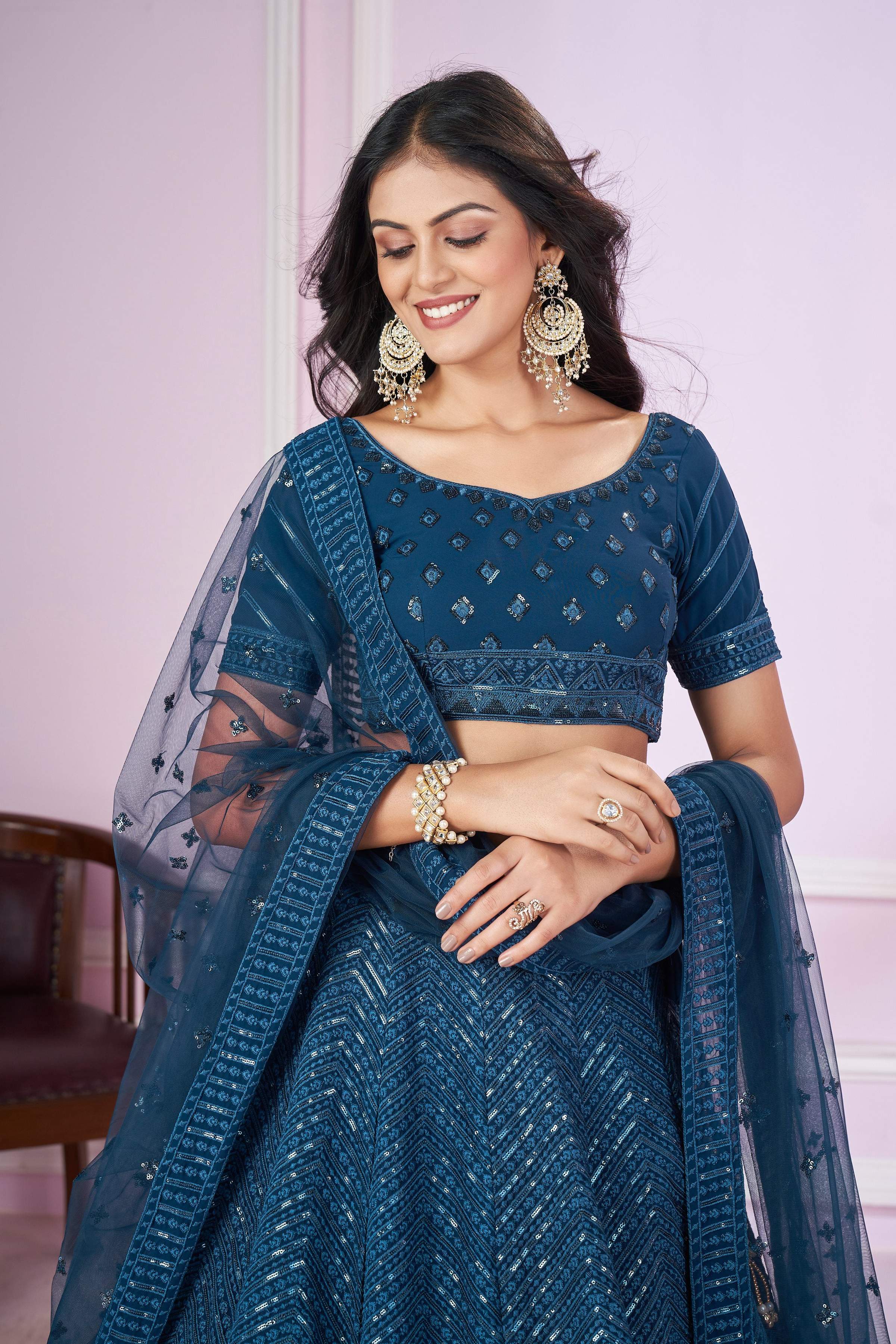 Jyoti Fashion Women's Teal Georgette Sequins Thread Embroidered Lehenga Choli & Dupatta - Distacart