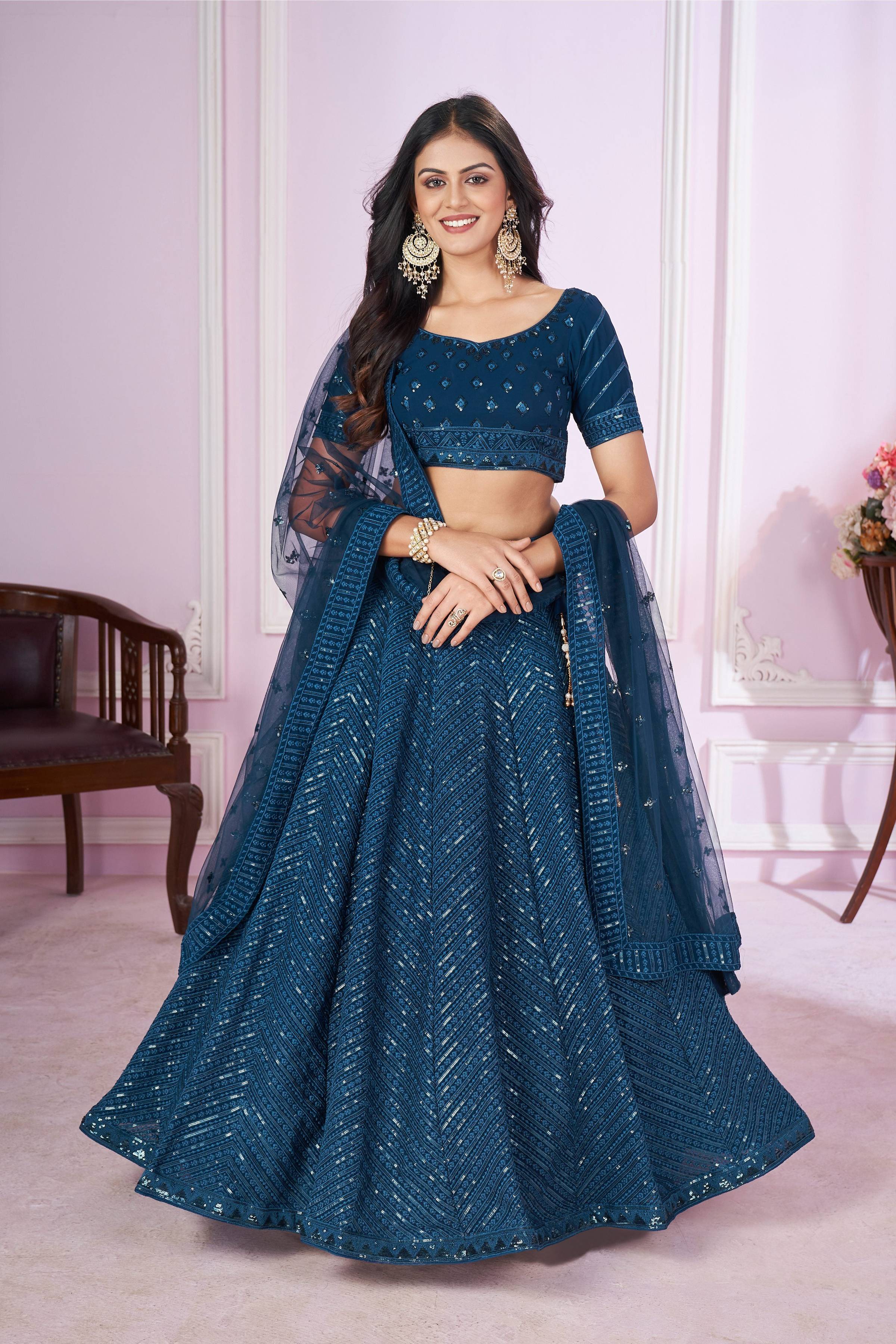 Jyoti Fashion Women's Teal Georgette Sequins Thread Embroidered Lehenga Choli & Dupatta - Distacart