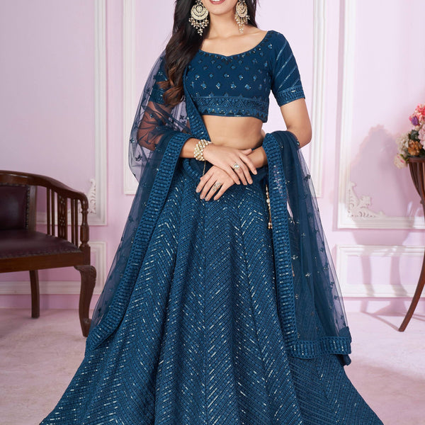 Jyoti Fashion Women's Teal Georgette Sequins Thread Embroidered Lehenga Choli & Dupatta - Distacart