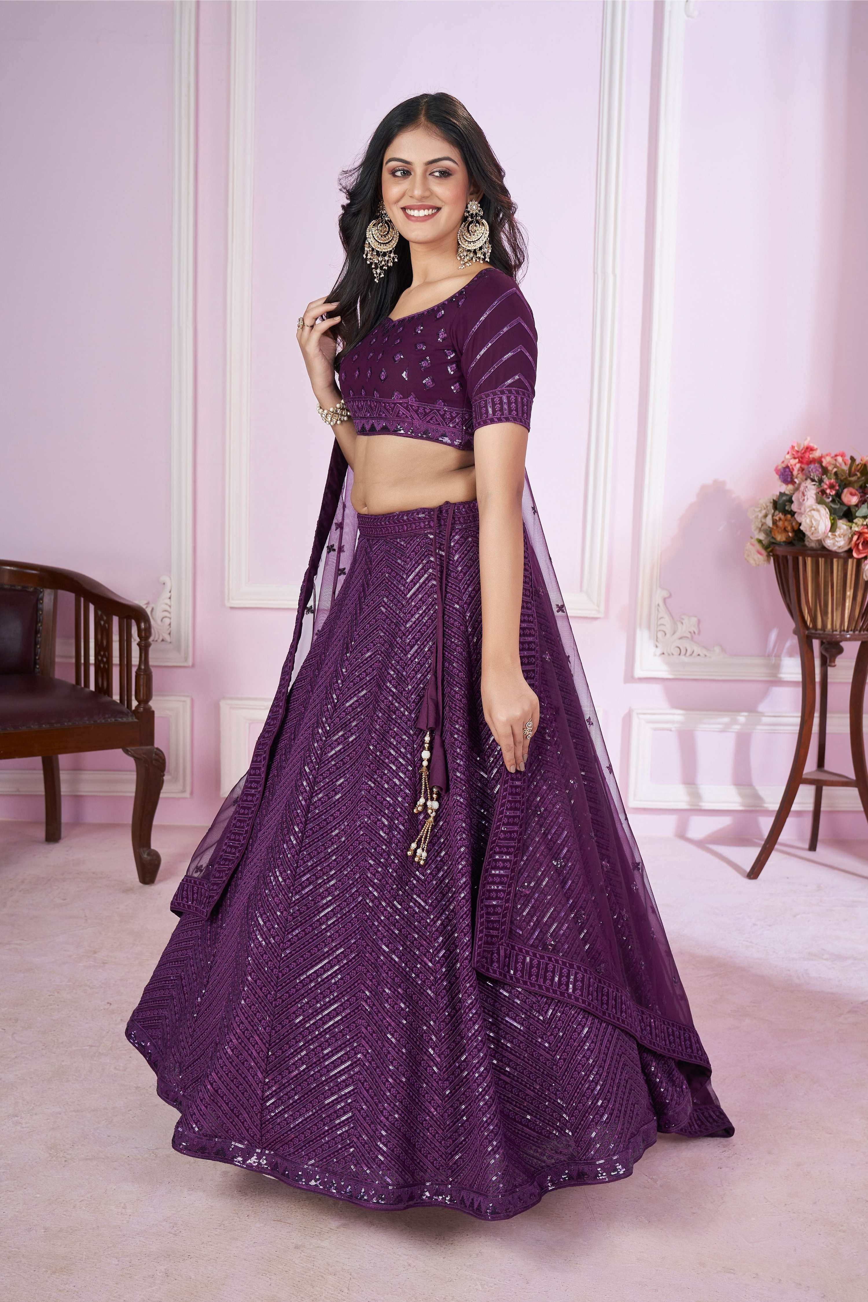 Jyoti Fashion Women's Purple Georgette Sequins Thread Embroidered Lehenga Choli & Dupatta - Distacart