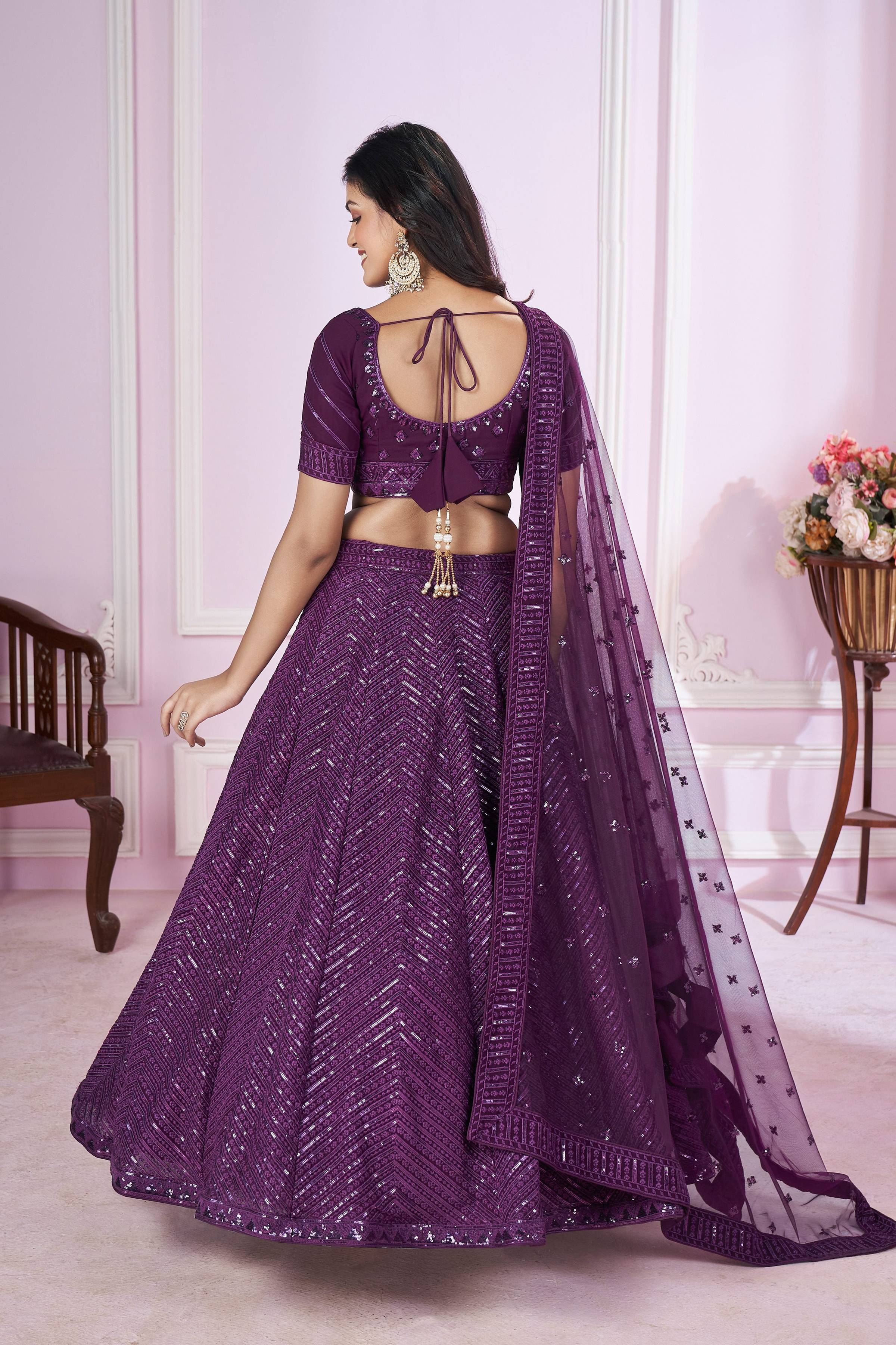Jyoti Fashion Women's Purple Georgette Sequins Thread Embroidered Lehenga Choli & Dupatta - Distacart