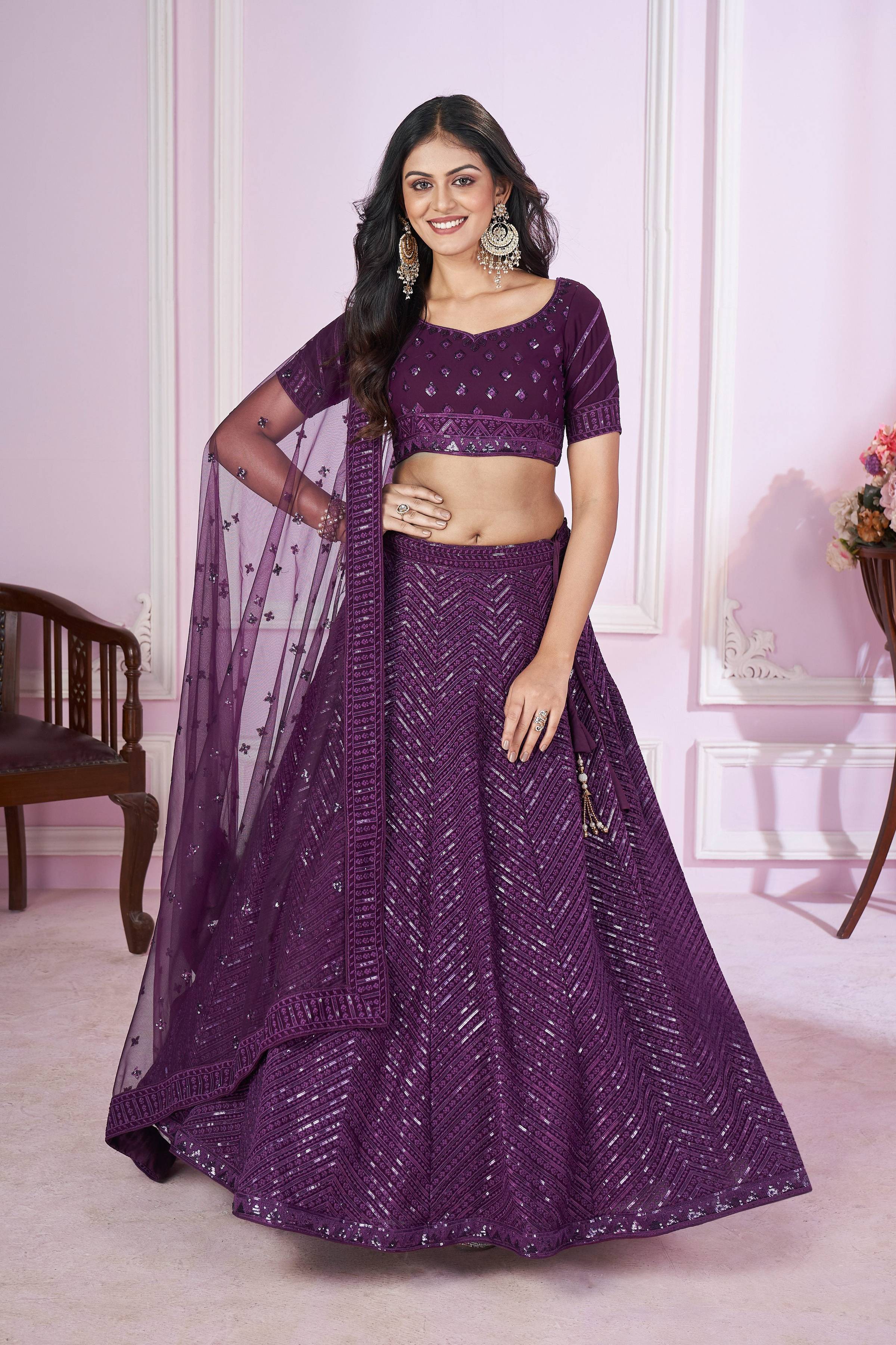 Jyoti Fashion Women's Purple Georgette Sequins Thread Embroidered Lehenga Choli & Dupatta - Distacart