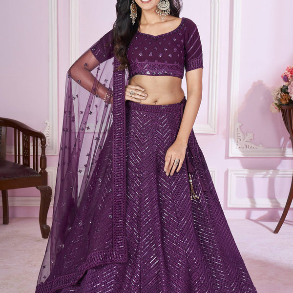 Jyoti Fashion Women's Purple Georgette Sequins Thread Embroidered Lehenga Choli & Dupatta - Distacart