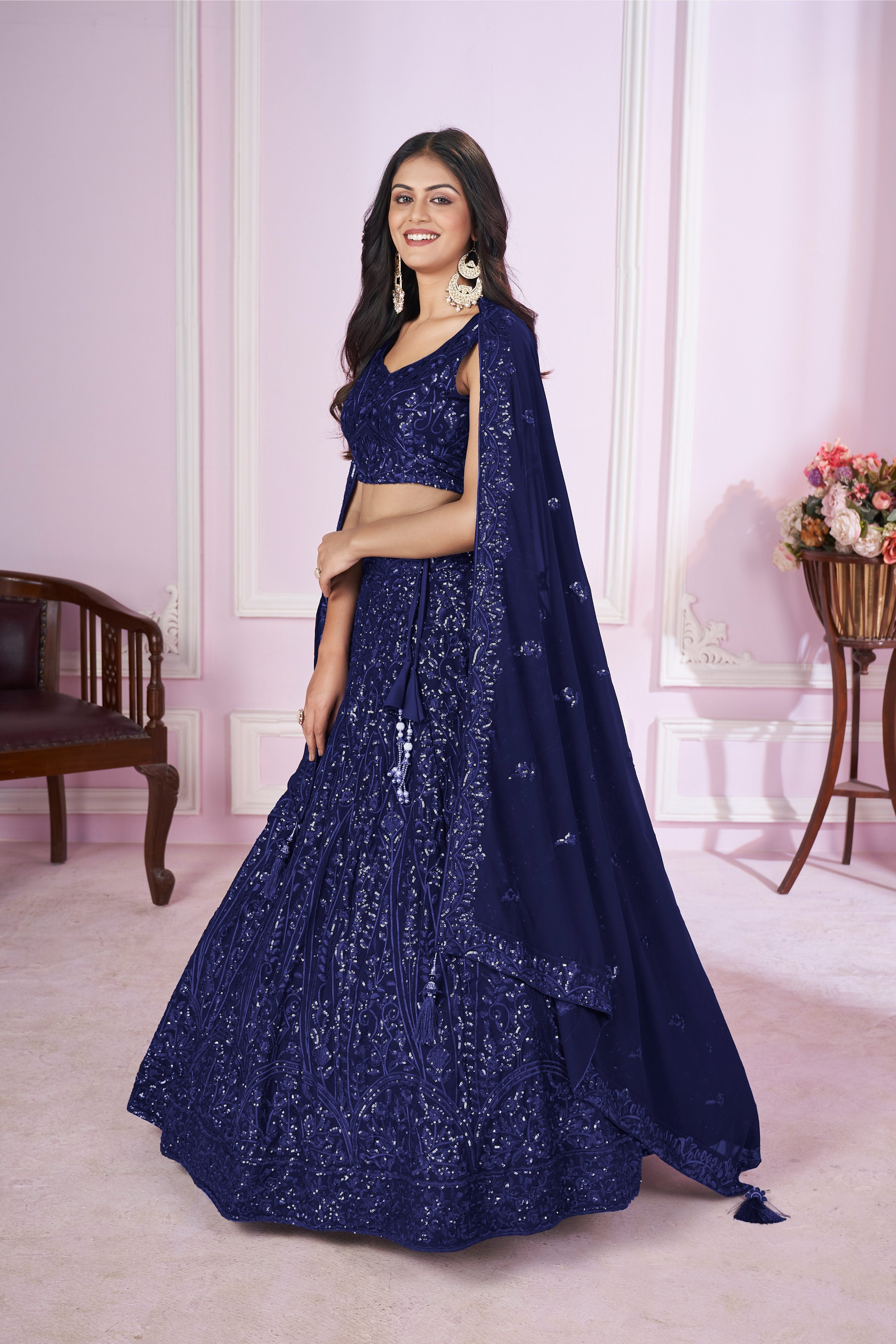 Jyoti Fashion Women's Navy Blue Georgette Sequins Thread Embroidered Lehenga Choli & Dupatta - Distacart