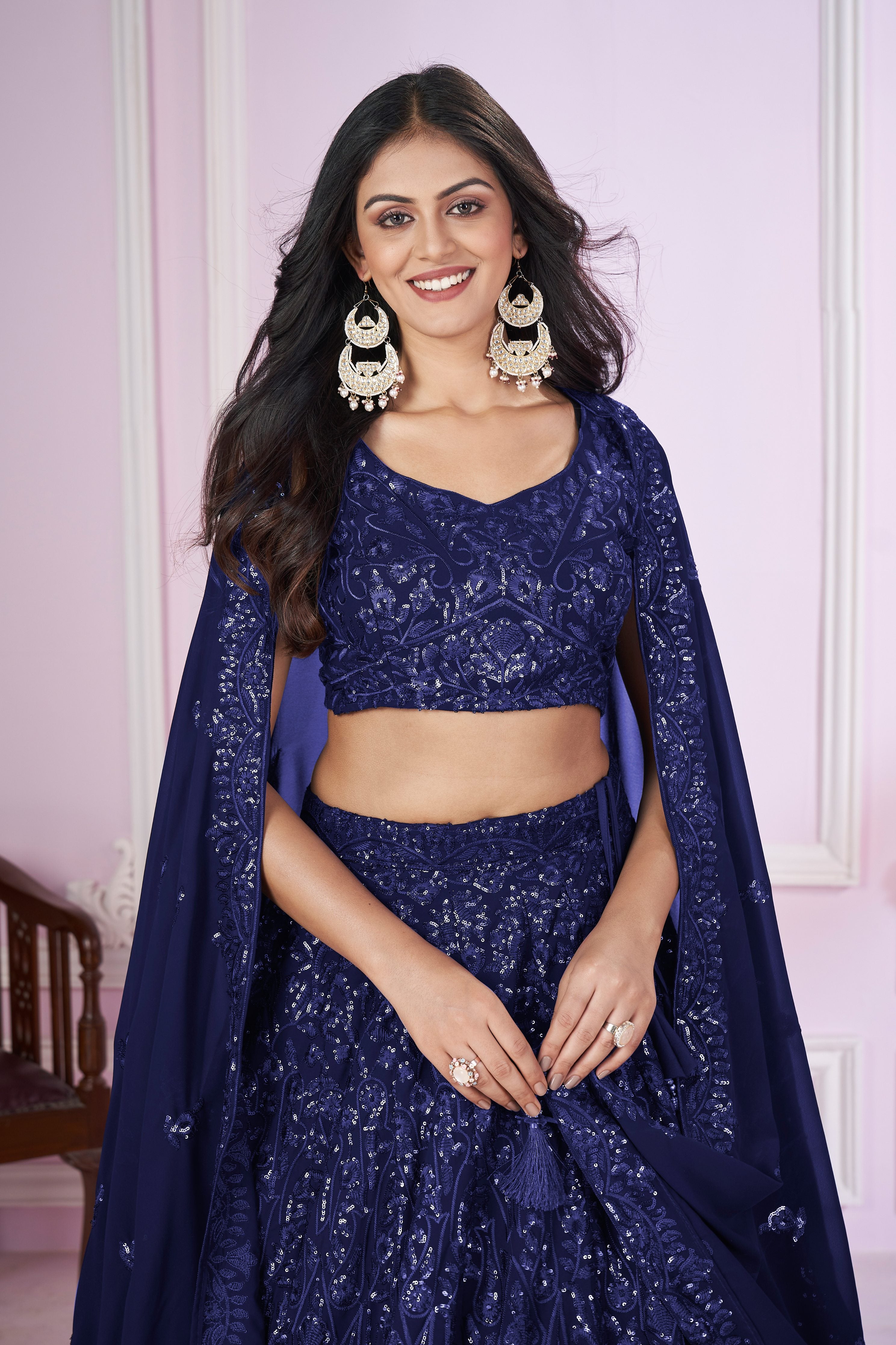 Jyoti Fashion Women's Navy Blue Georgette Sequins Thread Embroidered Lehenga Choli & Dupatta - Distacart