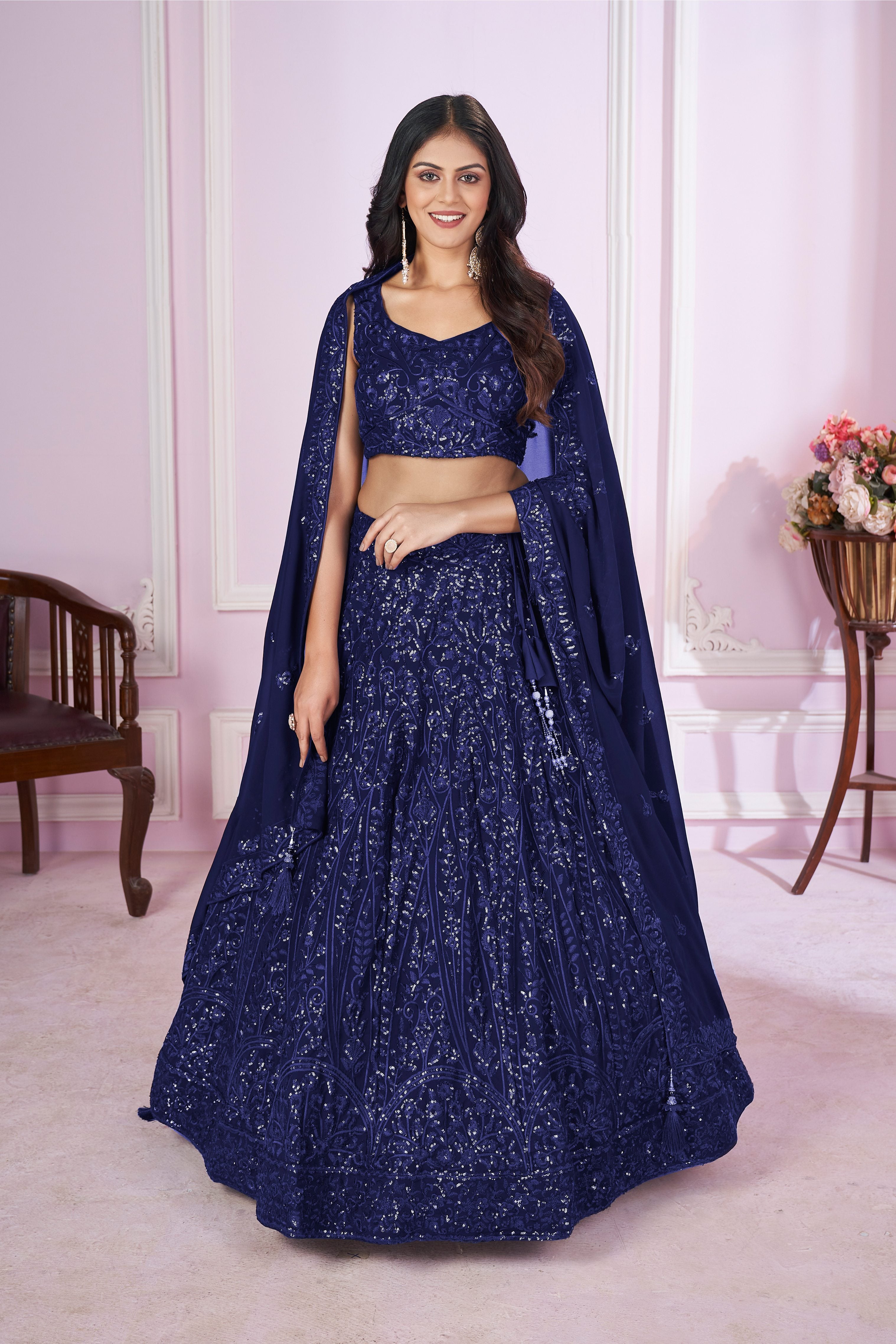 Jyoti Fashion Women's Navy Blue Georgette Sequins Thread Embroidered Lehenga Choli & Dupatta - Distacart