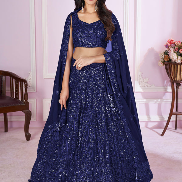 Jyoti Fashion Women's Navy Blue Georgette Sequins Thread Embroidered Lehenga Choli & Dupatta - Distacart