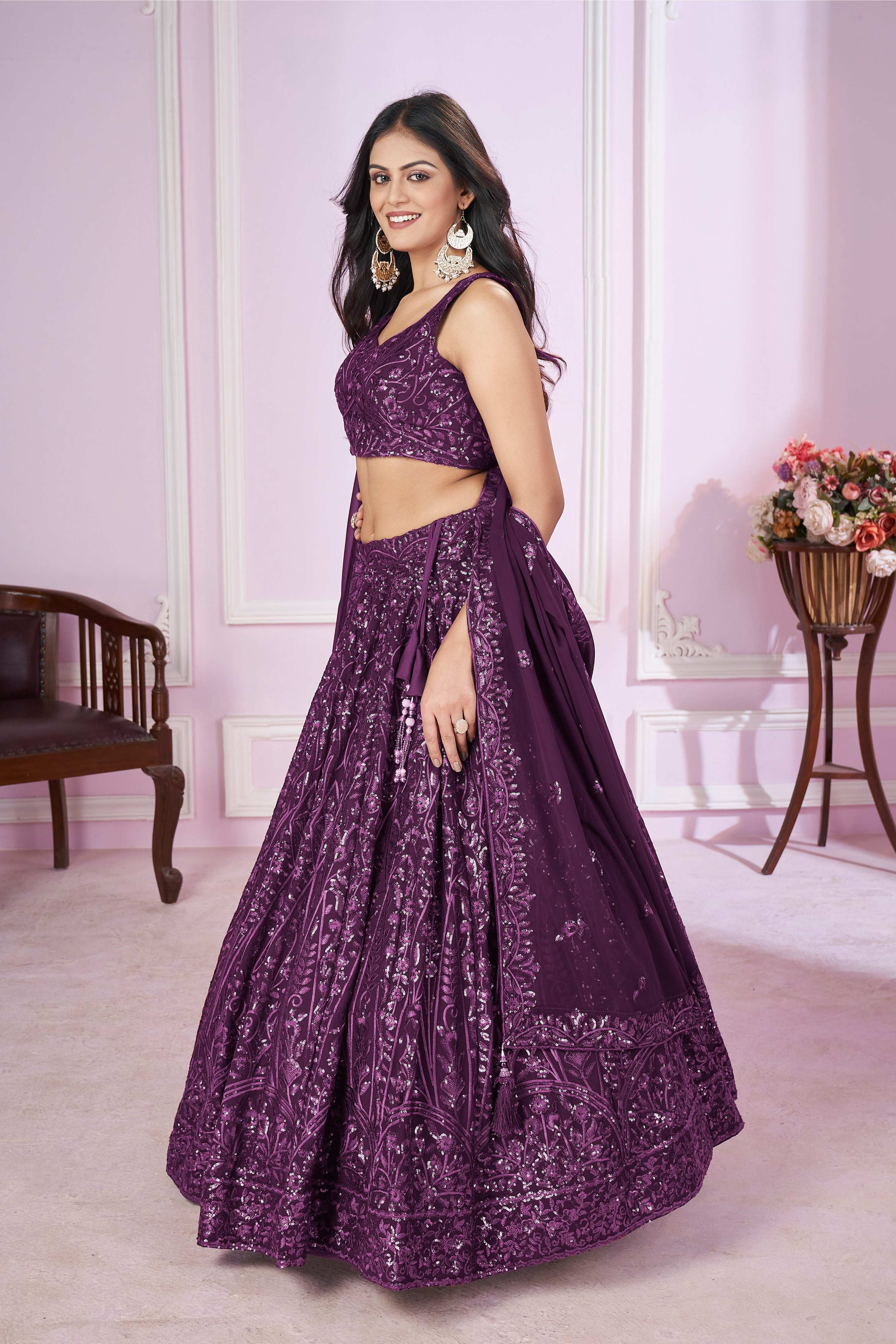 Jyoti Fashion Women's Purple Georgette Sequins Thread Embroidered Lehenga Choli & Dupatta - Distacart