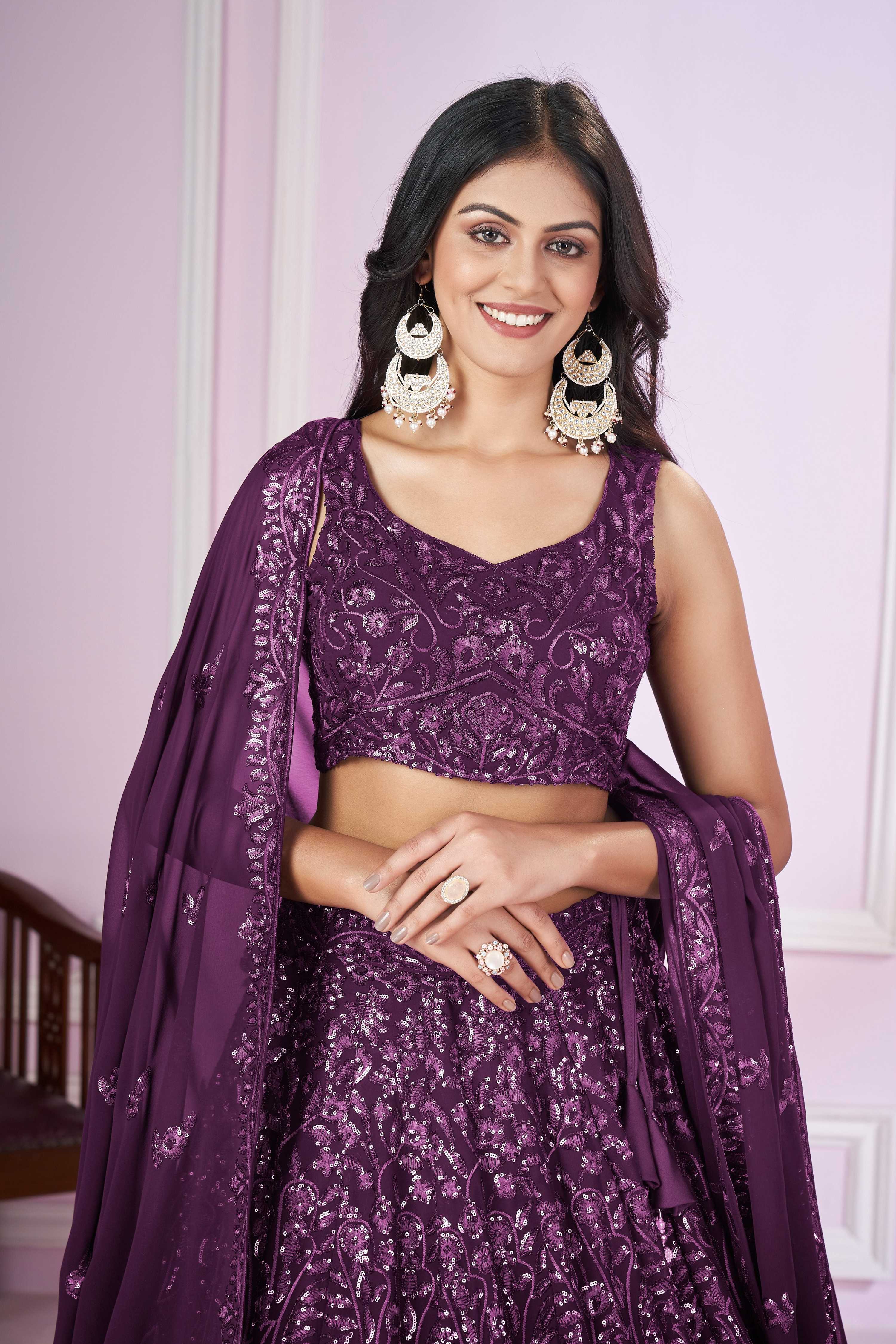 Jyoti Fashion Women's Purple Georgette Sequins Thread Embroidered Lehenga Choli & Dupatta - Distacart