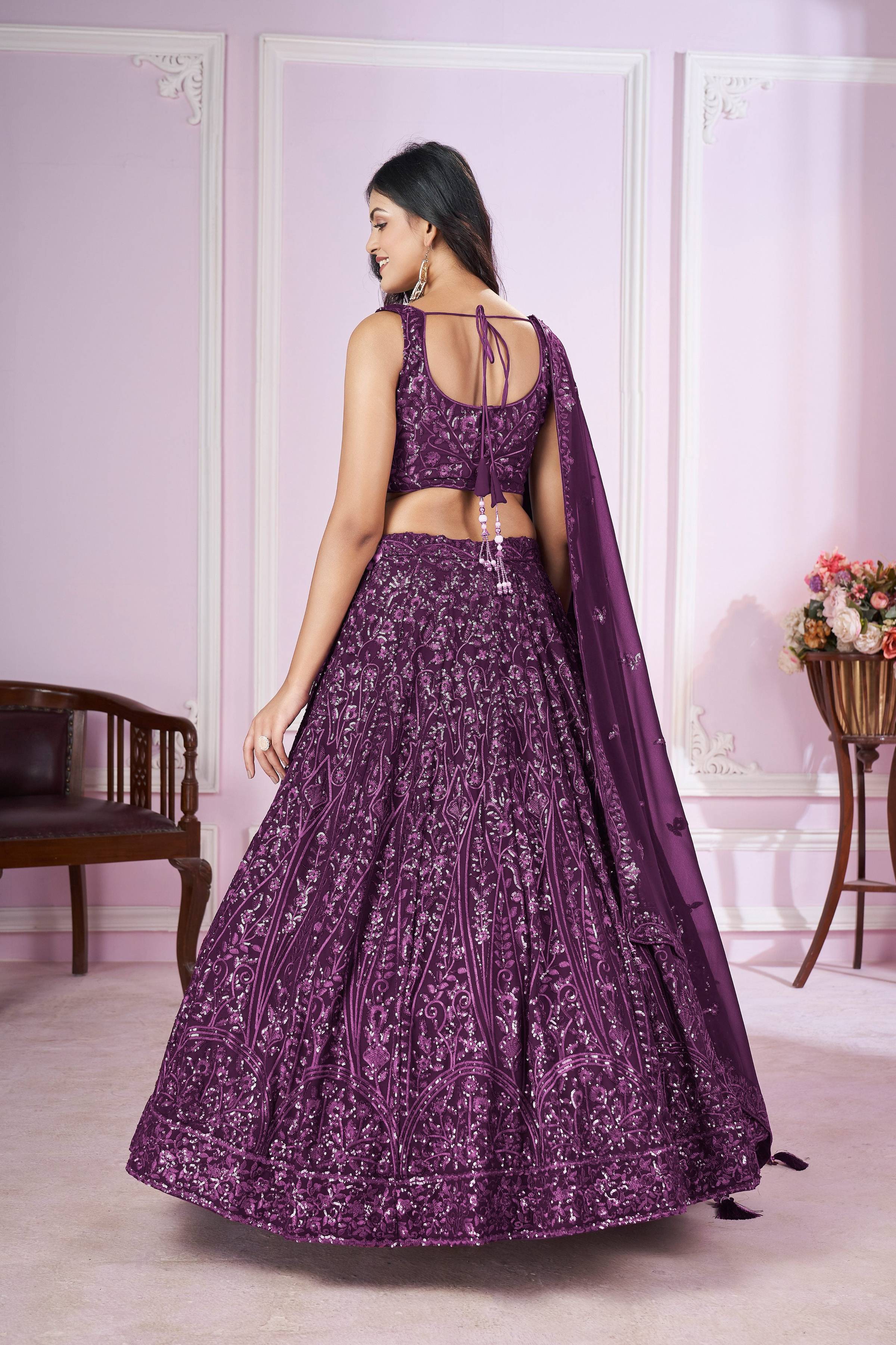 Jyoti Fashion Women's Purple Georgette Sequins Thread Embroidered Lehenga Choli & Dupatta - Distacart