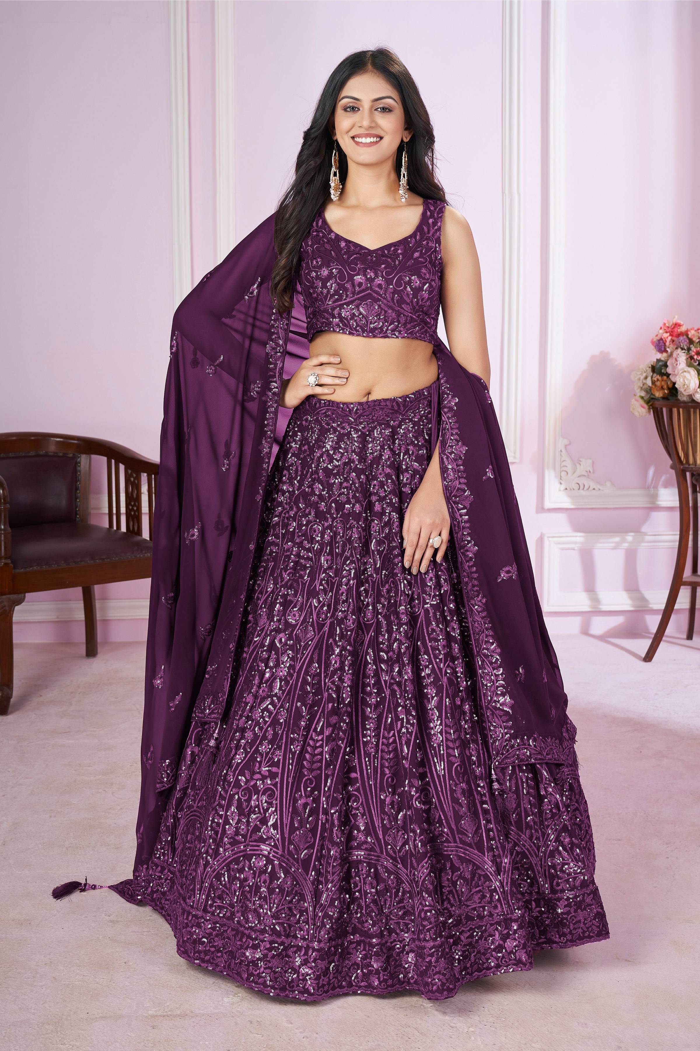 Jyoti Fashion Women's Purple Georgette Sequins Thread Embroidered Lehenga Choli & Dupatta - Distacart