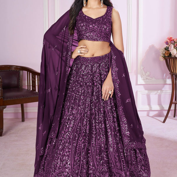 Jyoti Fashion Women's Purple Georgette Sequins Thread Embroidered Lehenga Choli & Dupatta - Distacart