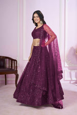 Thumbnail for Jyoti Fashion Women's Wine Soft Net Sequins Thread Embroidered Lehenga Choli & Dupatta - Distacart