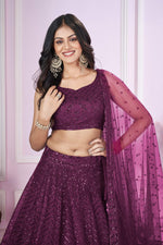Thumbnail for Jyoti Fashion Women's Wine Soft Net Sequins Thread Embroidered Lehenga Choli & Dupatta - Distacart