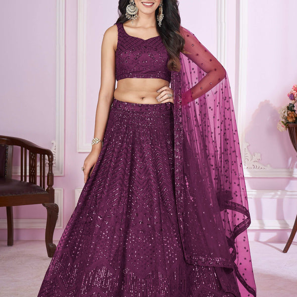 Jyoti Fashion Women's Wine Soft Net Sequins Thread Embroidered Lehenga Choli & Dupatta - Distacart