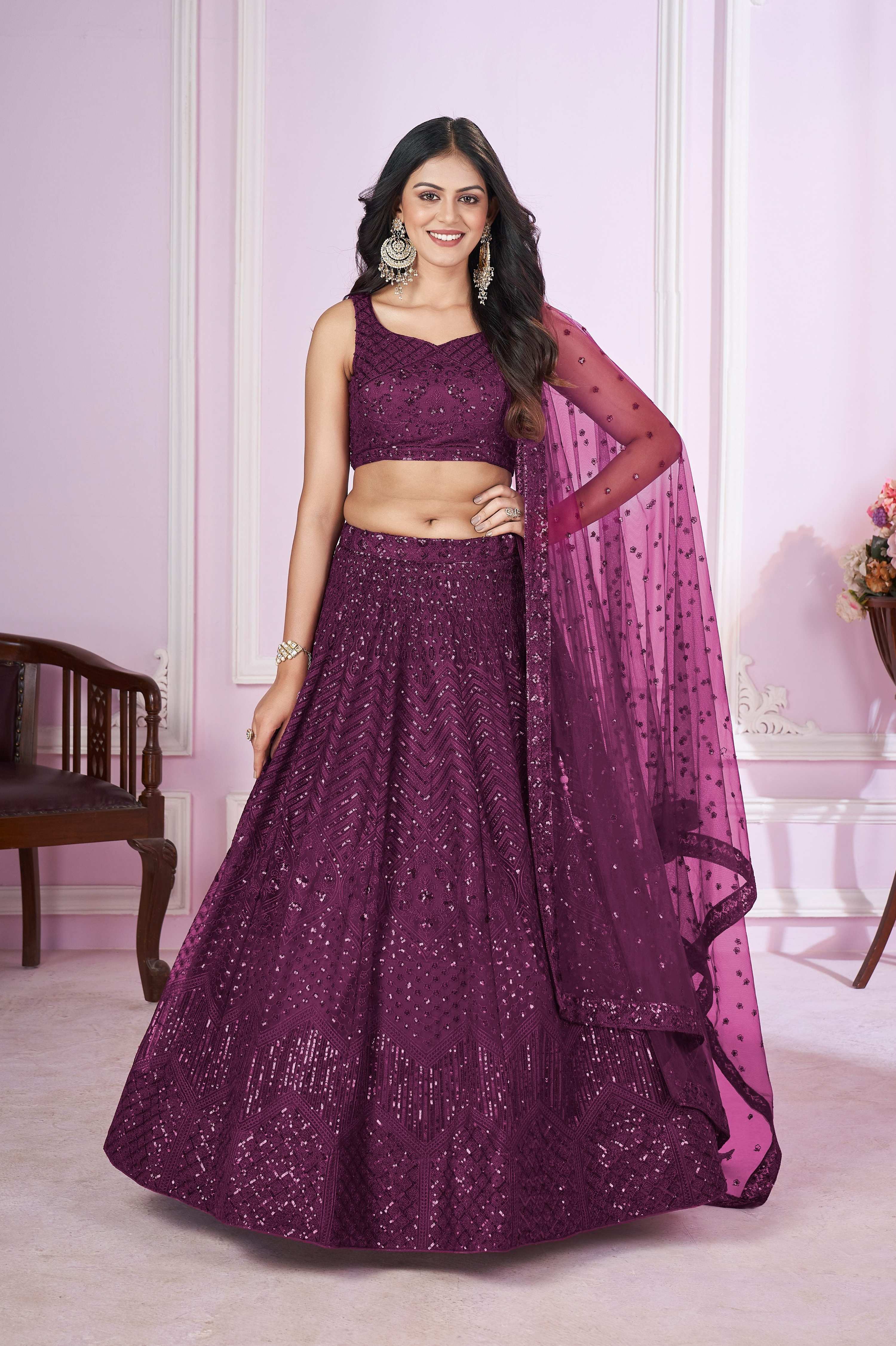 Jyoti Fashion Women's Wine Soft Net Sequins Thread Embroidered Lehenga Choli & Dupatta - Distacart