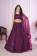 Thumbnail for Jyoti Fashion Women's Wine Soft Net Sequins Thread Embroidered Lehenga Choli & Dupatta - Distacart