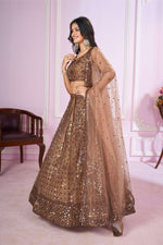 Thumbnail for Jyoti Fashion Women's Brown Soft Net Sequins Thread Embroidered Lehenga Choli & Dupatta - Distacart