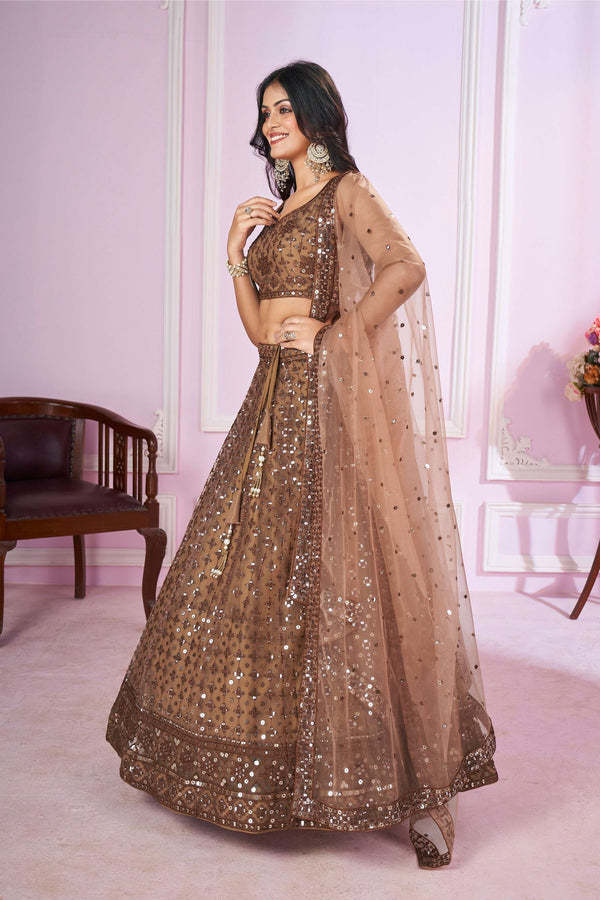 Jyoti Fashion Women's Brown Soft Net Sequins Thread Embroidered Lehenga Choli & Dupatta - Distacart