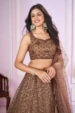 Thumbnail for Jyoti Fashion Women's Brown Soft Net Sequins Thread Embroidered Lehenga Choli & Dupatta - Distacart