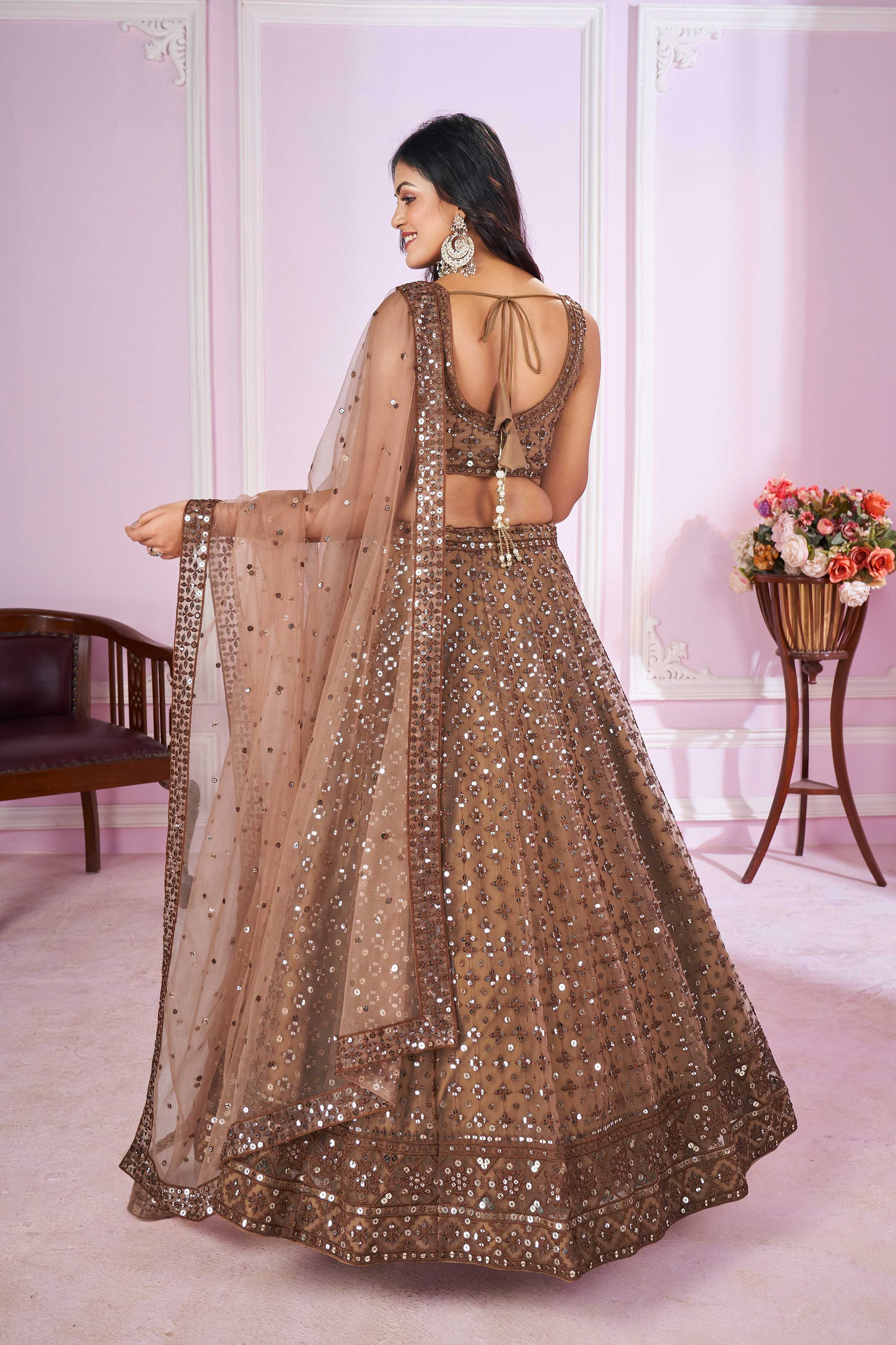 Jyoti Fashion Women's Brown Soft Net Sequins Thread Embroidered Lehenga Choli & Dupatta - Distacart