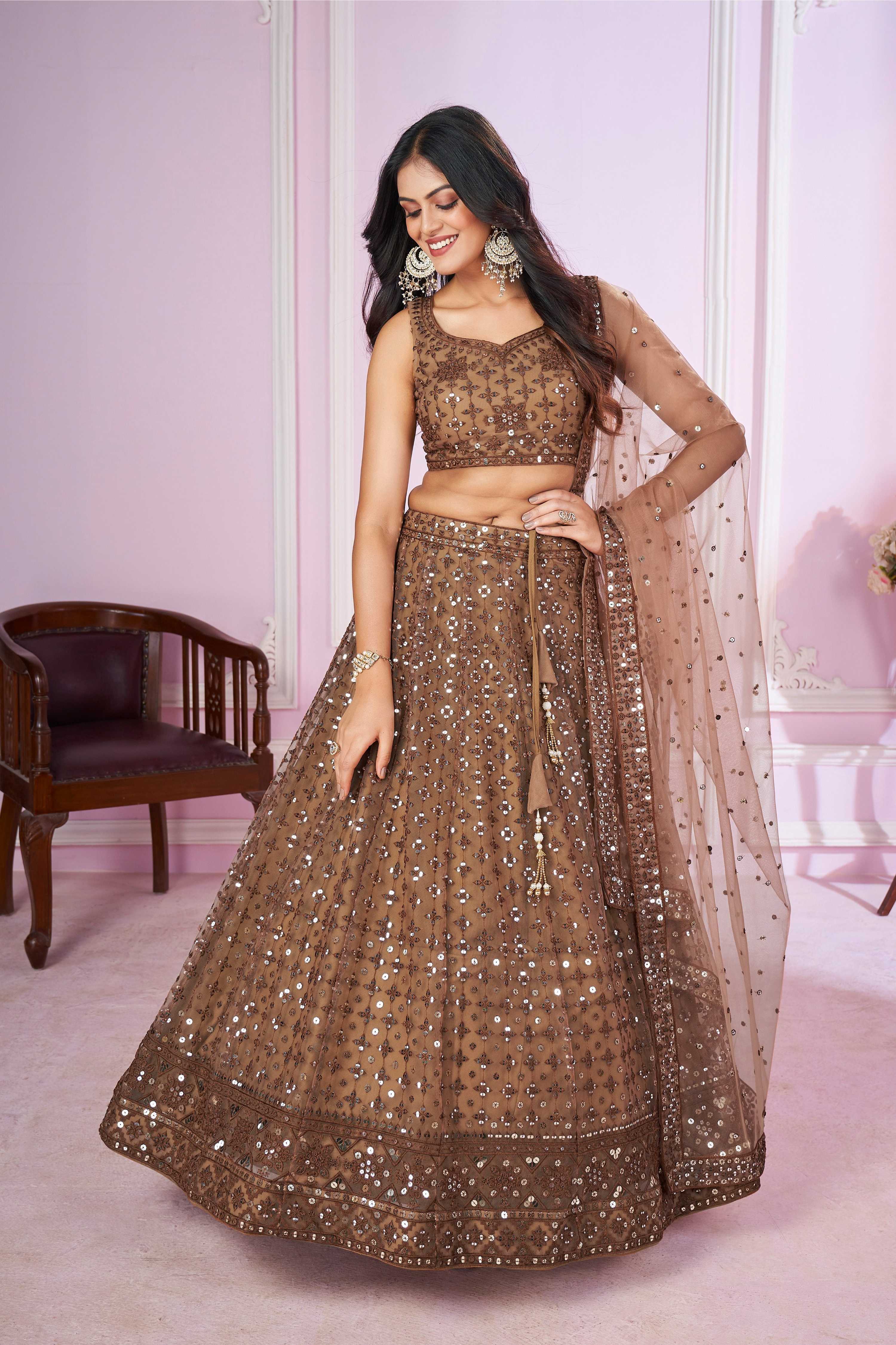 Jyoti Fashion Women's Brown Soft Net Sequins Thread Embroidered Lehenga Choli & Dupatta - Distacart