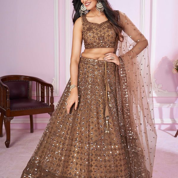 Jyoti Fashion Women's Brown Soft Net Sequins Thread Embroidered Lehenga Choli & Dupatta - Distacart