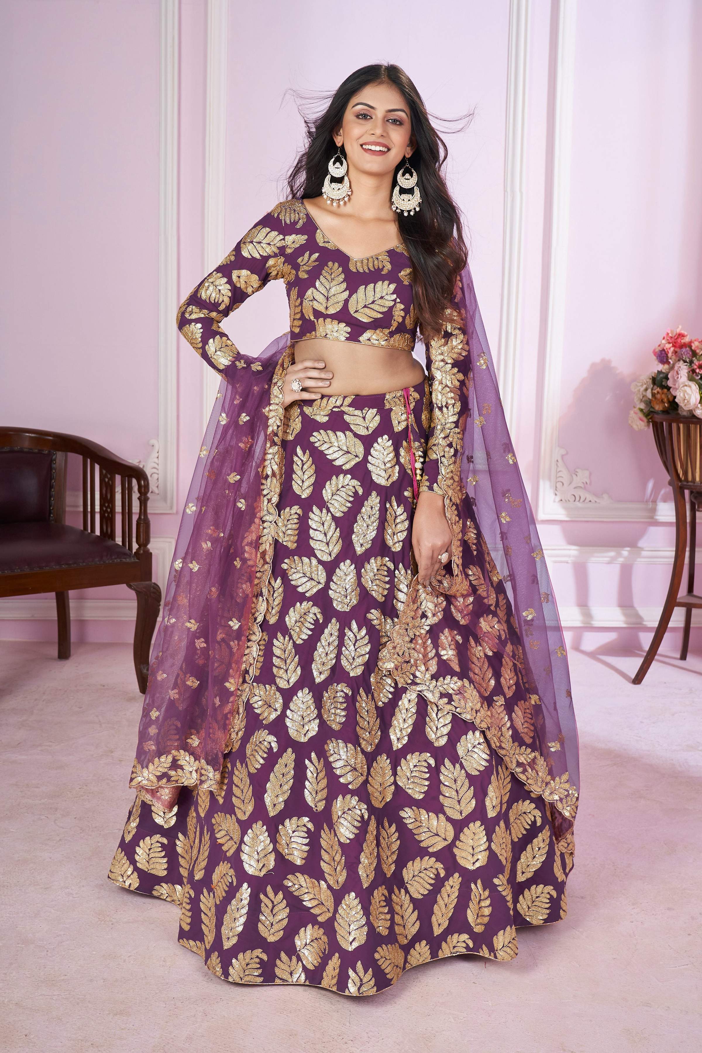 Jyoti Fashion Women's Purple Georgette Sequins Zari Embroidered Lehenga Choli & Dupatta - Distacart