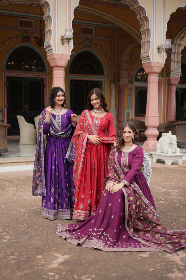 Jyoti Fashion Women's Maroon Purple & Wine Chinon Rich Sequins Embroidered Long Anarkali Combo Sets - Distacart