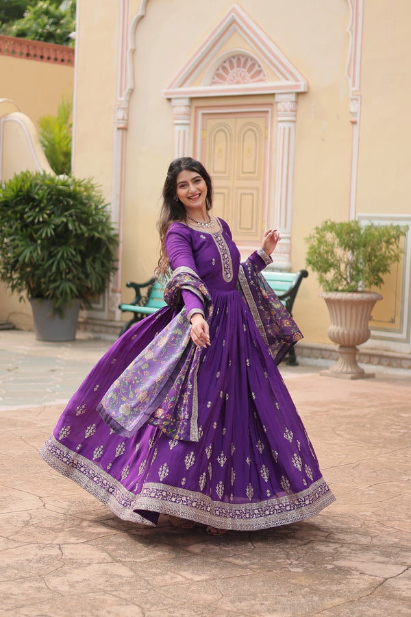 Jyoti Fashion Women's Purple Chinon Rich Sequins Embroidered Long Anarkali Sets - Distacart
