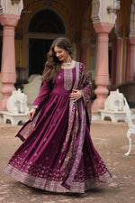 Thumbnail for Jyoti Fashion Women's Wine Chinon Rich Sequins Embroidered Long Anarkali Sets - Distacart