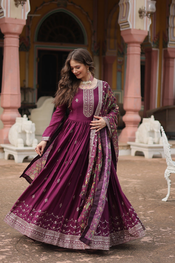 Jyoti Fashion Women's Wine Chinon Rich Sequins Embroidered Long Anarkali Sets - Distacart