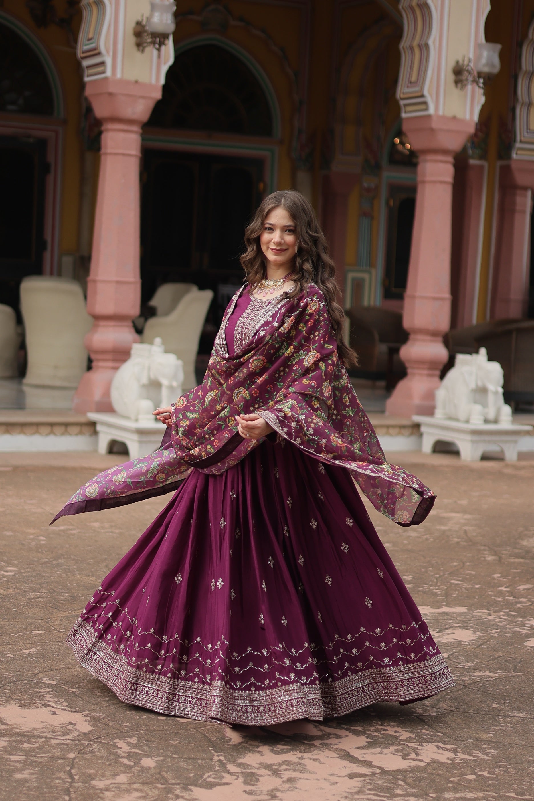 Jyoti Fashion Women's Wine Chinon Rich Sequins Embroidered Long Anarkali Sets - Distacart