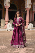 Thumbnail for Jyoti Fashion Women's Wine Chinon Rich Sequins Embroidered Long Anarkali Sets - Distacart