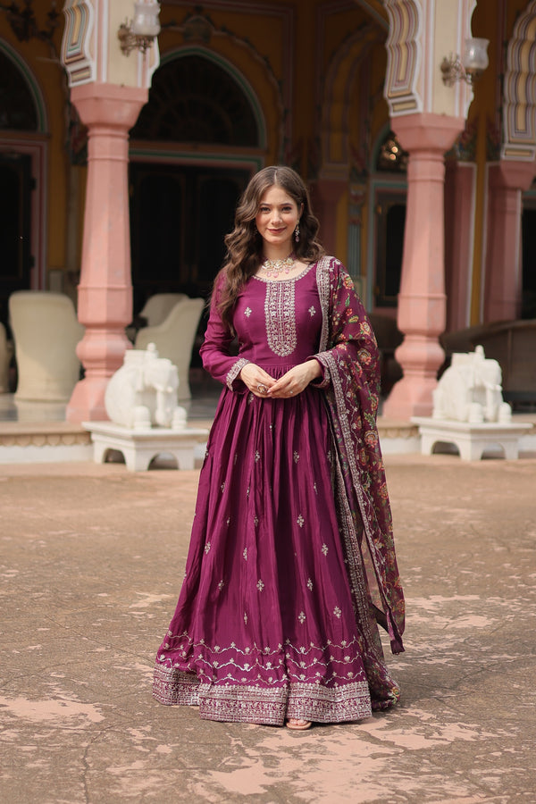 Jyoti Fashion Women's Wine Chinon Rich Sequins Embroidered Long Anarkali Sets - Distacart