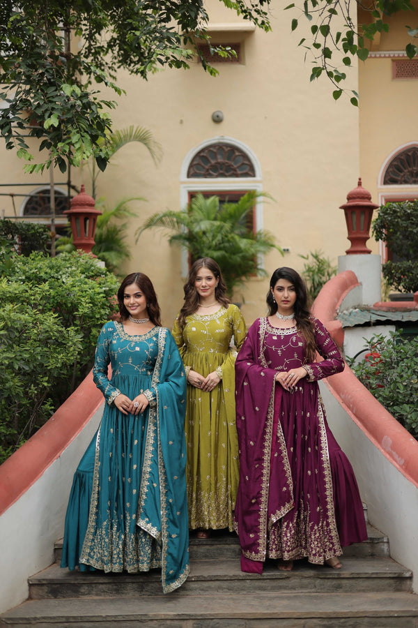 Jyoti Fashion Women's Rama Mehendi & Wine Chinon Rich Sequins Embroidered Combo Kurta Set with Dupatta - Distacart