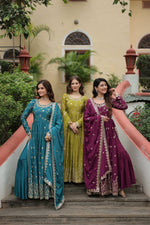 Thumbnail for Jyoti Fashion Women's Rama Mehendi & Wine Chinon Rich Sequins Embroidered Combo Kurta Set with Dupatta - Distacart
