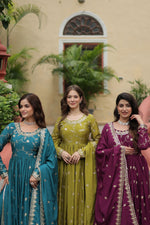 Thumbnail for Jyoti Fashion Women's Rama Mehendi & Wine Chinon Rich Sequins Embroidered Combo Kurta Set with Dupatta - Distacart