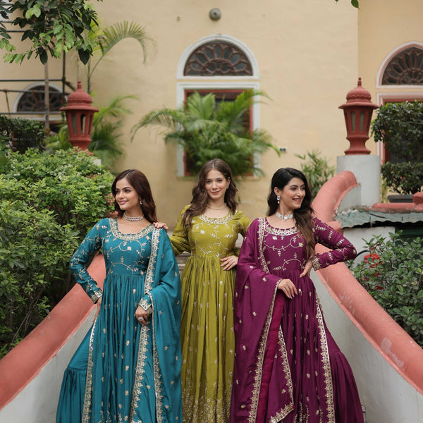 Jyoti Fashion Women's Rama Mehendi & Wine Chinon Rich Sequins Embroidered Combo Kurta Set with Dupatta - Distacart