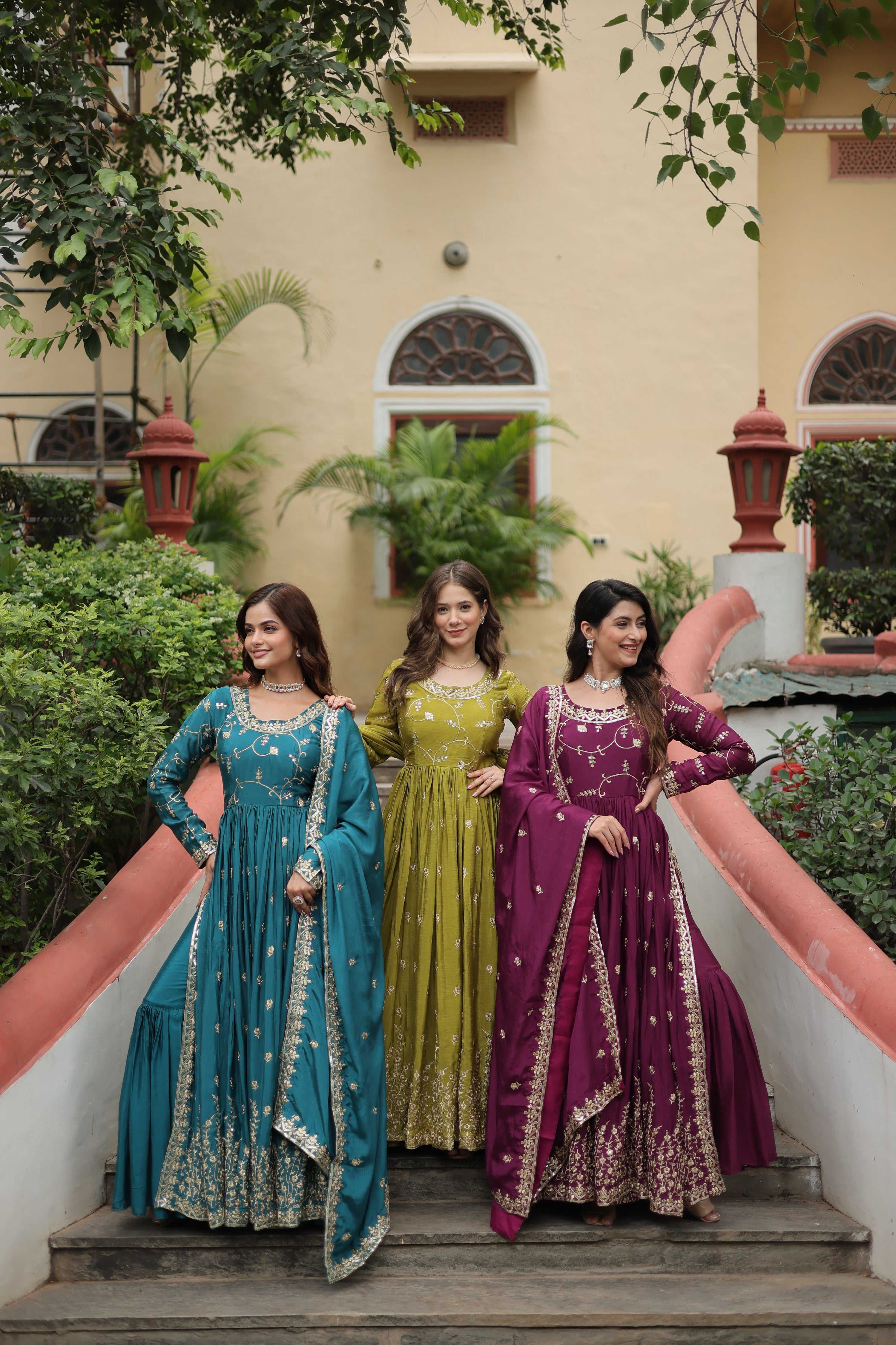 Jyoti Fashion Women's Rama Mehendi & Wine Chinon Rich Sequins Embroidered Combo Kurta Set with Dupatta - Distacart